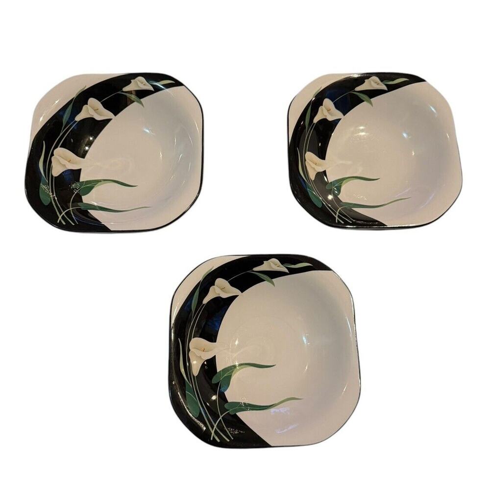 Sango‎ Quadrille Black Lilies 5101 Salad Bowls (3) Floral Semi-Porcelain READ